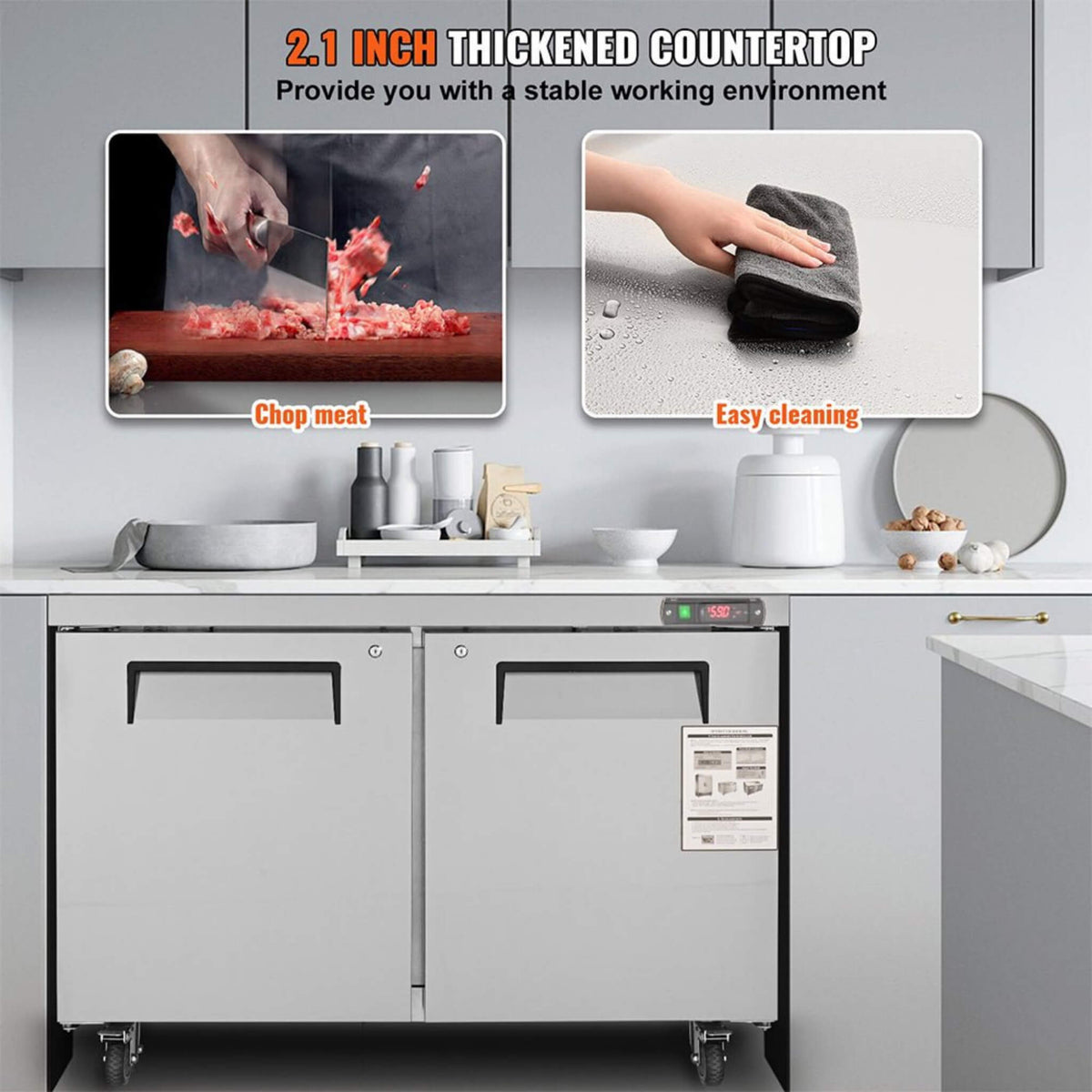 12.9 Cu.Ft 2-Door Commercial Stainless Steel Worktop Undercounter Refrigerator, 48"