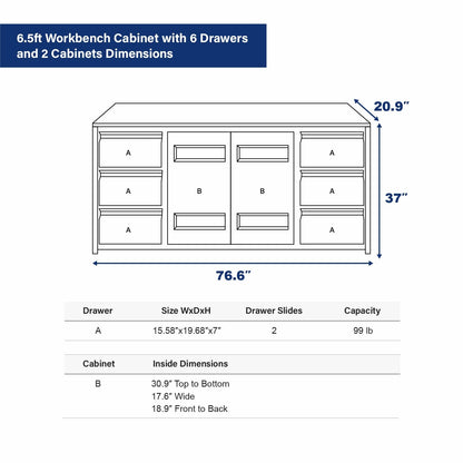 6.5ft Workbench Cabinet with 6 Drawers