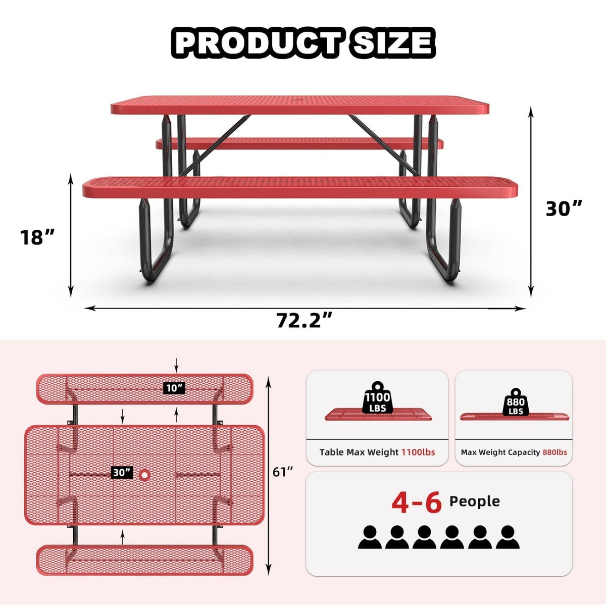 6ft Rectangle Picnic Table with Umbrella Hole