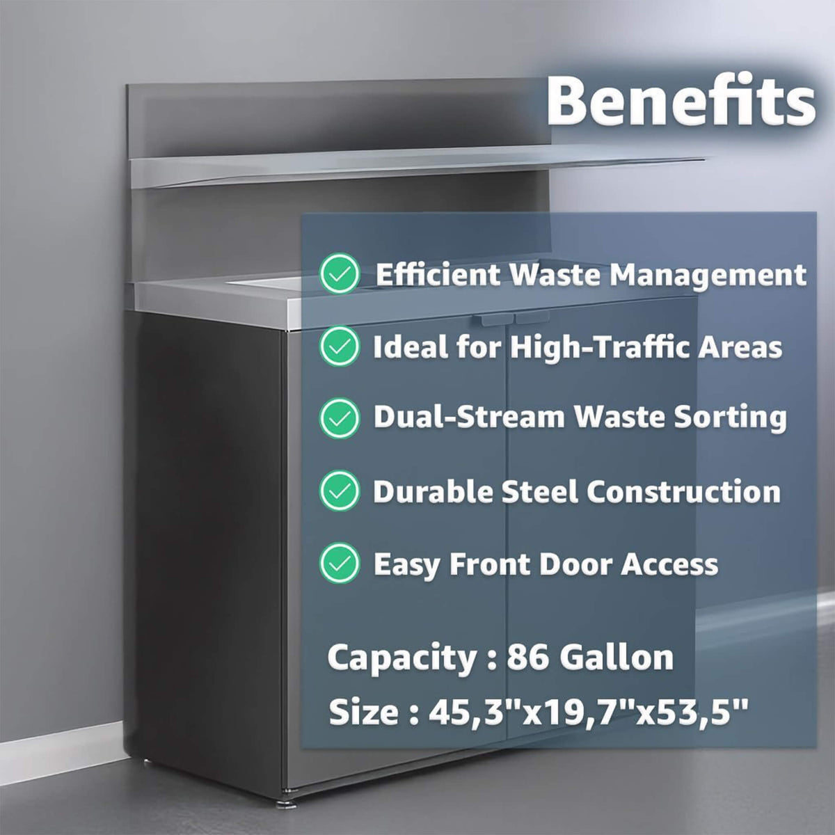 86-Gallon Heavy-Duty Commercial Steel Two-Stream Trash Can Cabinet with Tray Holder