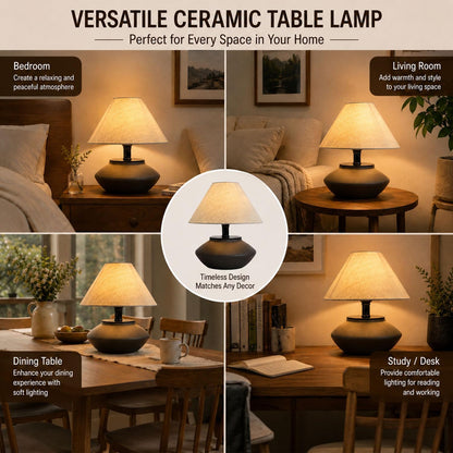 Luminiq Farmhouse Ceramic Table Lamp – Black Base, Linen Shade