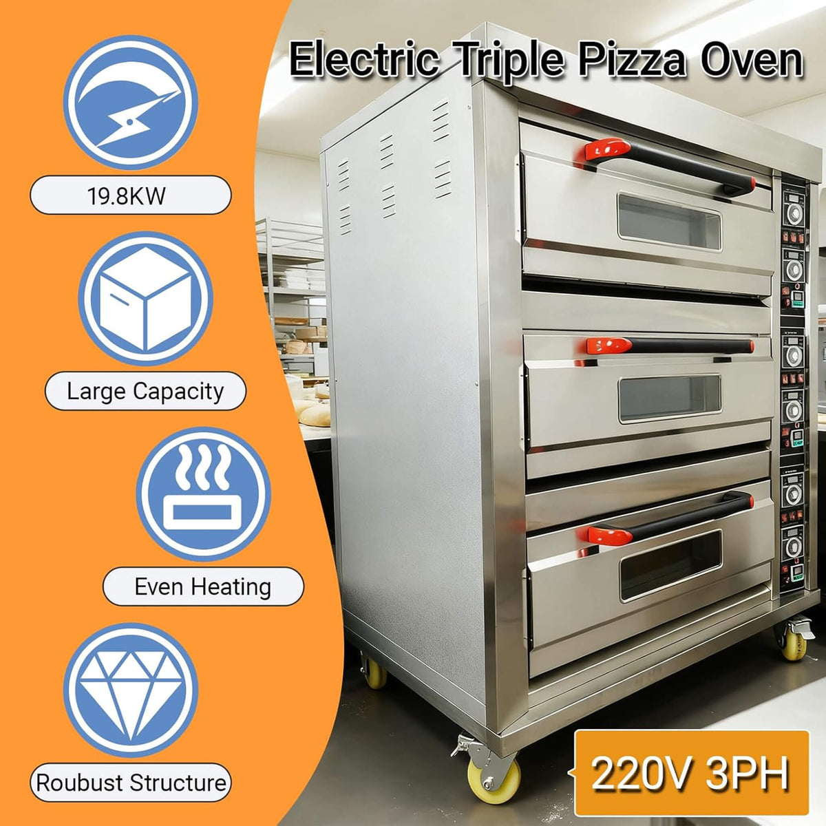 Heavy Duty Commercial Triple Deck 220V 19.8KW Electric Pizza Oven