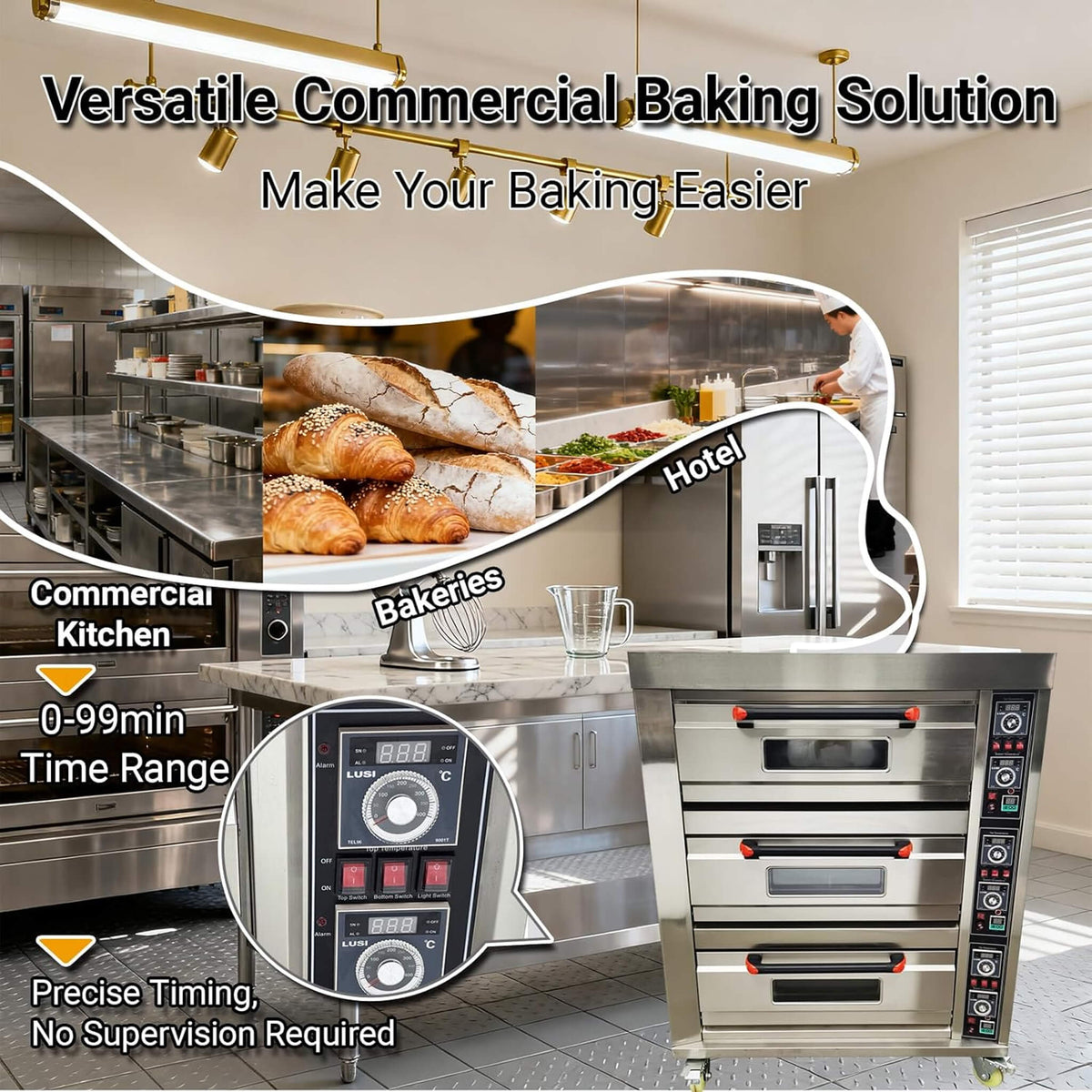 Heavy Duty Commercial Triple Deck 220V 19.8KW Electric Pizza Oven
