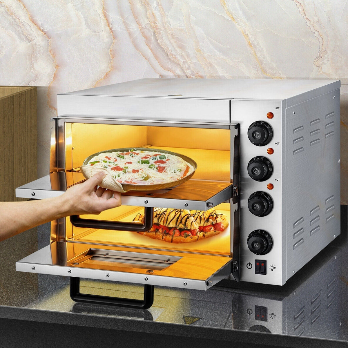 Heavy-Duty Electric Indoor Commercial Countertop Double Deck Pizza Oven 2000W