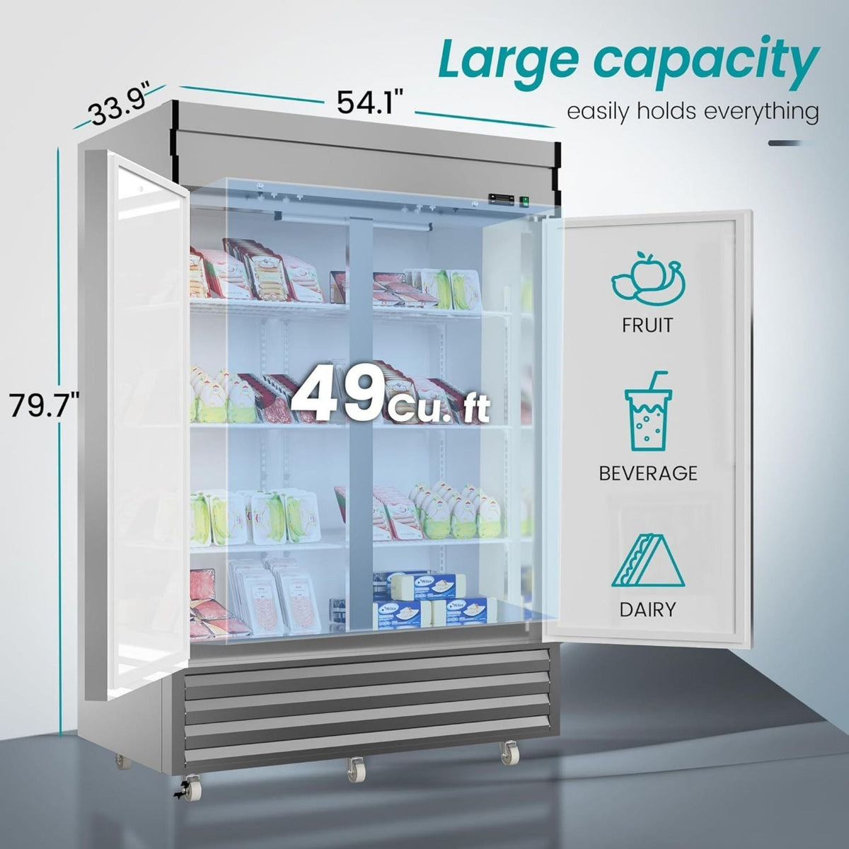 Large Commercial 49 Cu.Ft 2-Door Stainless Steel Reach-In Refrigerator With OmniSmart Temperature Control