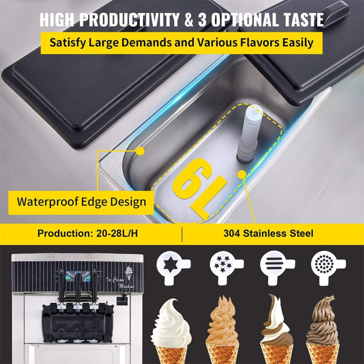 Premium 3-Flavors Commercial Soft Serve Ice Cream Machine Yogurt Maker 20-28 L/H
